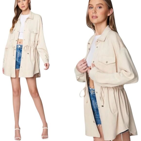 Blank NYC Shacket WMNS L Beige Snap Tied Jacket Longline Faux Suede Flap Pockets - Picture 1 of 14